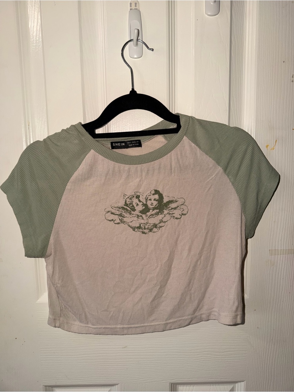 SHEIN Pale Pink & Sage Raglan Angel Graphic Tee